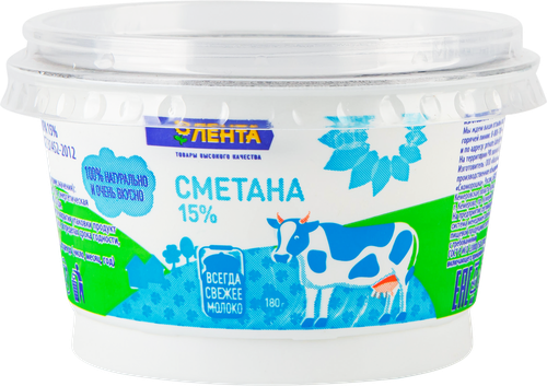 

Сметана ЛЕНТА 15% ГОСТ, без змж, 180г