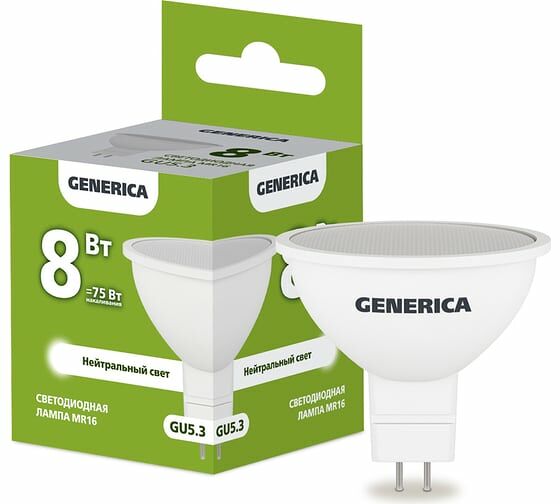 Светодиодная лампа Generica MR16 софит 8Вт, 230В, 4000К, цоколь GU5.3 (Арт. LL-MR16-08-230-40-GU5-G)
