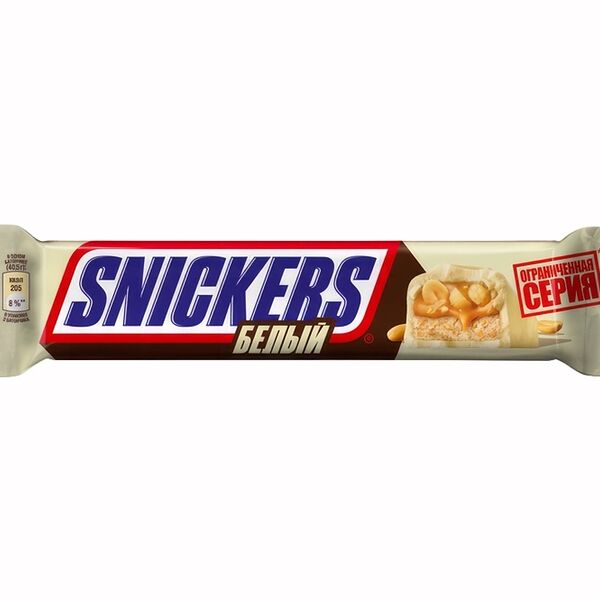 Snickers Белый шоколадный батончик с карамелью, арахисом и нугой, 81г