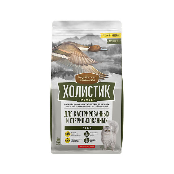 Корм сухой Деревенские лакомства Холистик Премьер для стерилизованных кошек, утка, 400г