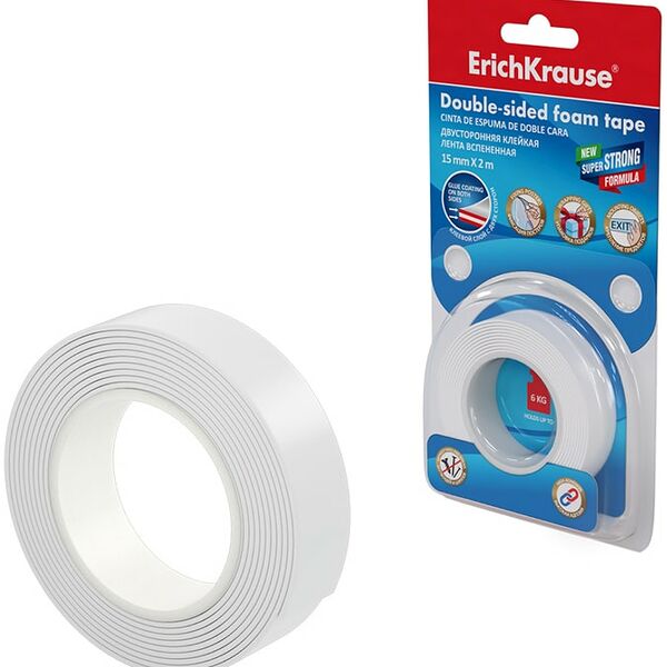 Лента клейкая ErichKrause двусторонняя белая 1мм*15мм*2м