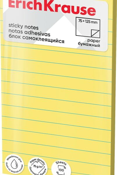 Блок самоклеящийся ErichKrause бумажный желтый 75*125мм 100 листов