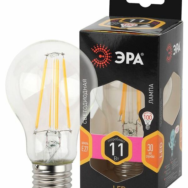 Лампа светодиодная ЭРА F-LED A60, E27, 11Вт,груша, филамент, теплый белый свет Арт. Б0035025