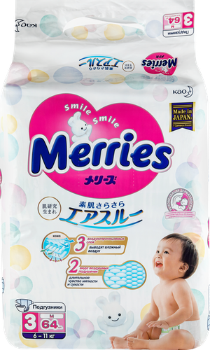 

Подгузники Merries для детей размер М 6-11 кг 64 шт.