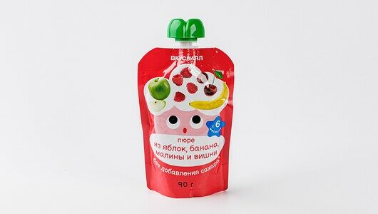 Пюре из яблок, банана, малины и вишни