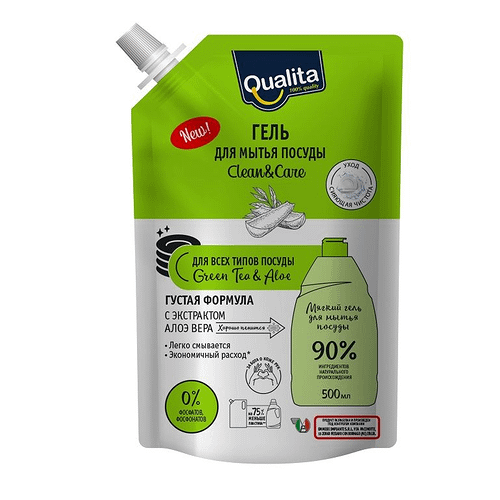 Гель для мытья посуды Qualita Clean & Care Зеленый чай и алоэ, 500 мл