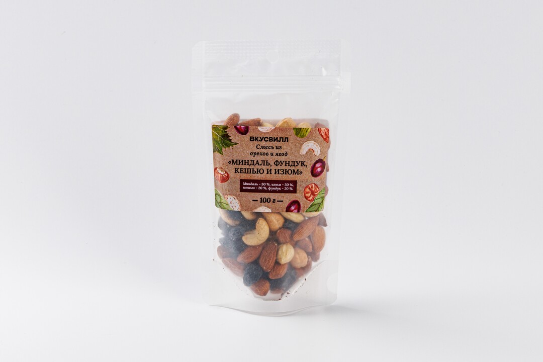 

Смесь из орехов, фруктов и ягод Вкусвилл "Миндаль, фундук, кешью и изюм" 100 г