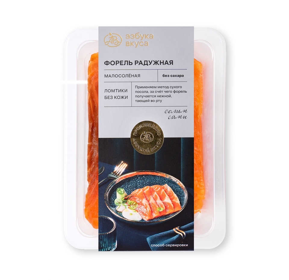 

Форель радужная Азбука Вкуса малосоленая без сахара ломтики без кожи 150 г