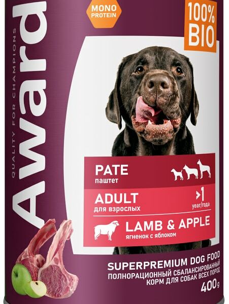 Влажный корм для собак Award Паштет из ягненка с яблоком 400г