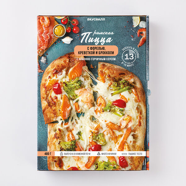Пицца с форелью, креветкой и брокколи с лимонно-горчичным соусом, замороженная