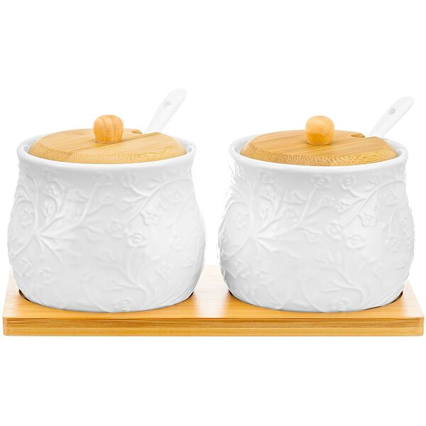 Набор банок для хранения Веточки-цветочки, 4 предмета, 320 мл, фарфор/дерево