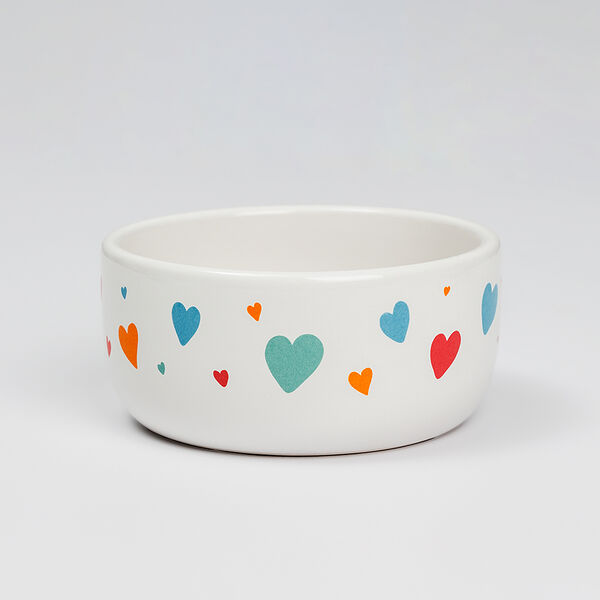 Миска керамическая для кошек и собак, 11x5,5 см, белая c рисунком кошки с сердцами
