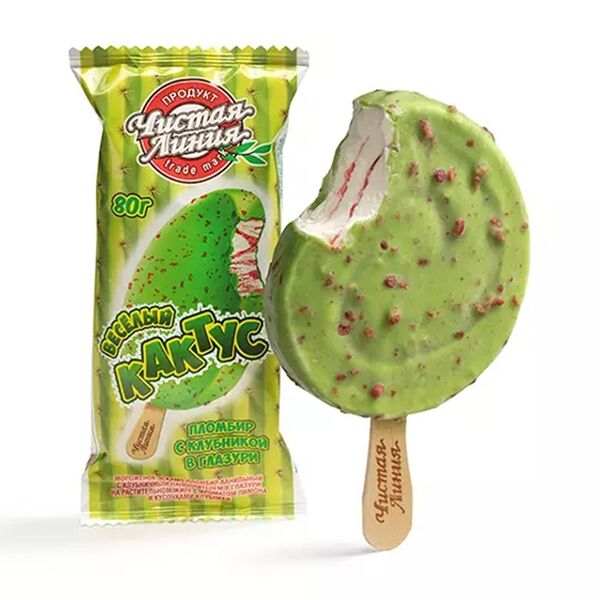 Мороженое Чистая Линия Веселый Кактус эскимо ванильный с клубничным наполнителем в глазури 80 г