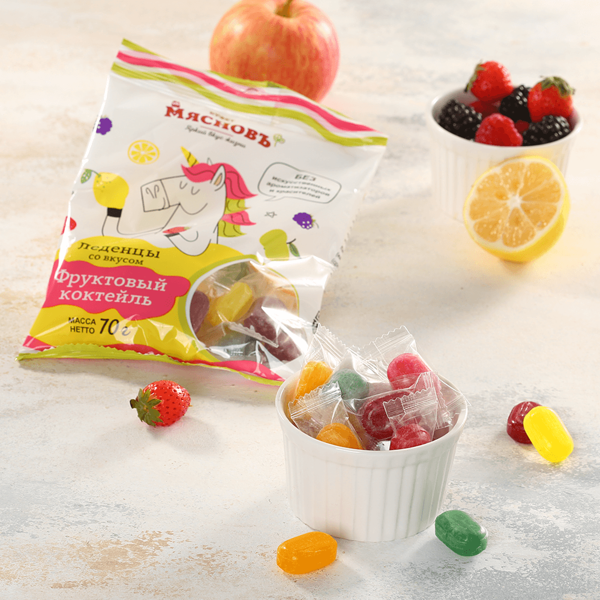 Карамель леденцовая со вкусом фруктовый коктейль МЯСНОВЪ БУФЕТ