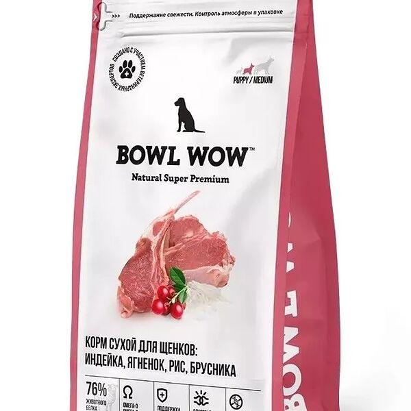 Сухой корм BOWL WOW для щенков средних пород с индейкой, ягненком, рисом и брусникой, 2кг