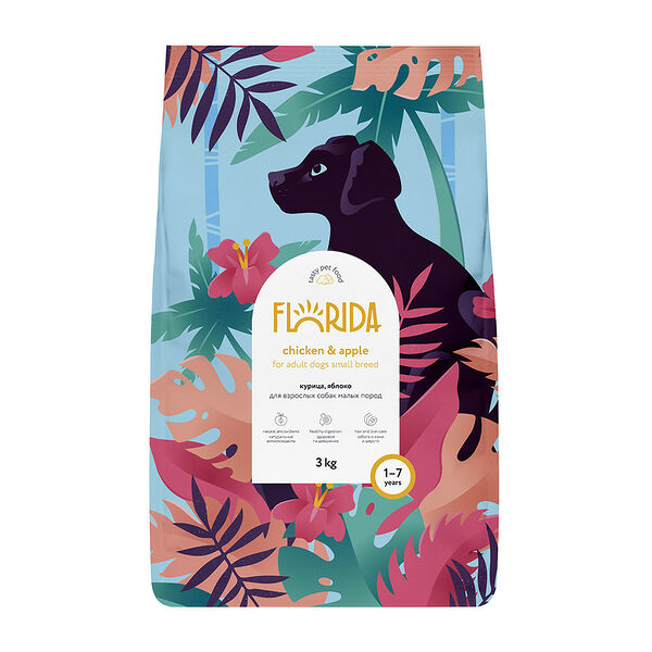 Сухой корм Florida для взрослых собак малых пород Курица и яблоко, 3 кг.