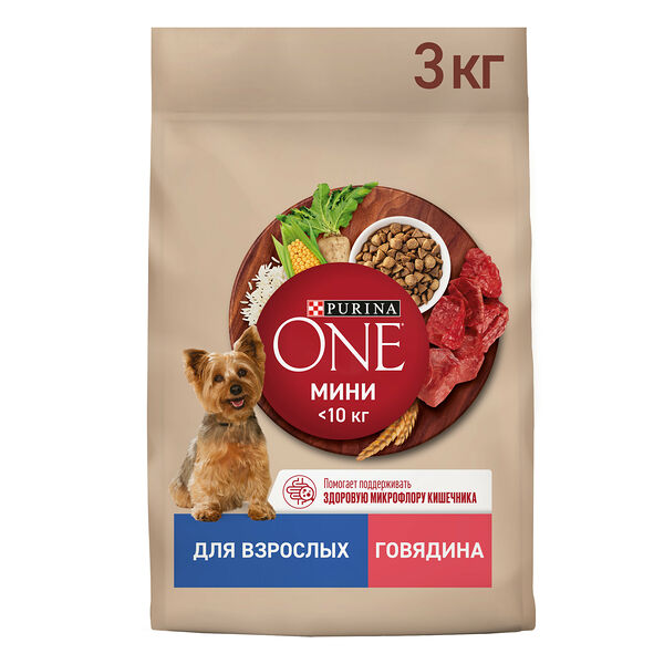 Сухой корм Purina ONE® для взрослых собак мелких и карликовых пород, с высоким содержанием говядины и с рисом, 3 кг