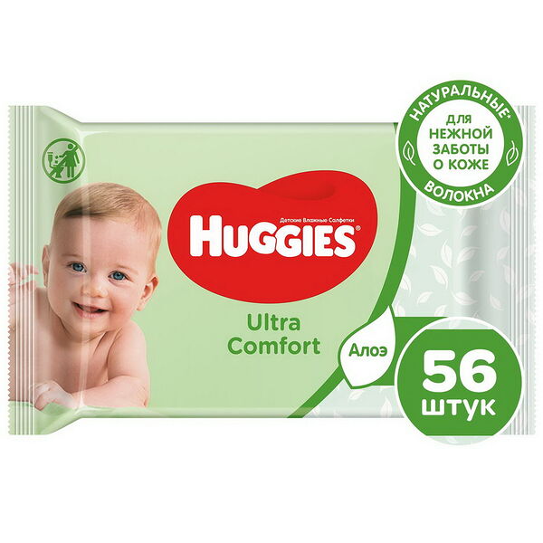 Салфетки влажные многослойные детские Huggies Ultra Comfort с Алоэ Вера и витамином Е 56 шт