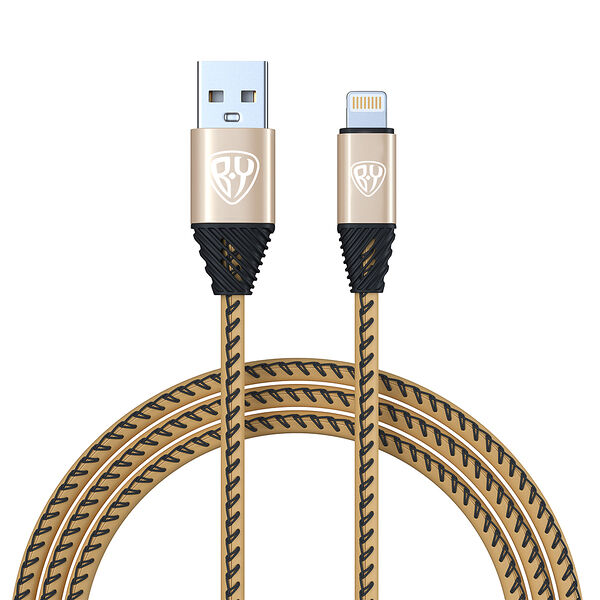 Кабель для зарядки BY 1м, 2а, кожаная оплётка, золотистый