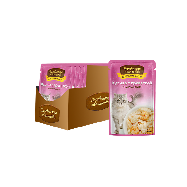 Корм для кошек ДЕРЕВЕНСКИЕ ЛАКОМСТВА Курица с креветкой в нежном желе пауч 70г х 12 шт