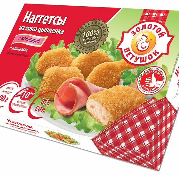 Наггетсы Золотой петушок из мяса цыпленка с ветчиной в панировке