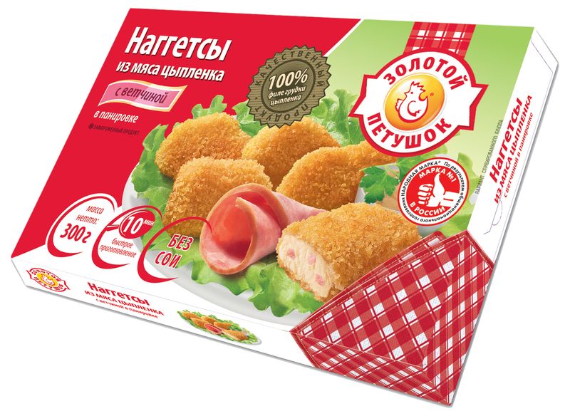 

Наггетсы Золотой петушок из мяса цыпленка с ветчиной в панировке