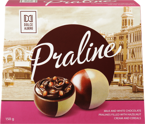 

Конфеты Dolce Albero Praline из молочного и белого шоколада с мягкой ореховой начинкой