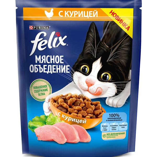 Сухой корм Felix Мясное объедение для взрослых кошек, с курицей, 200 г