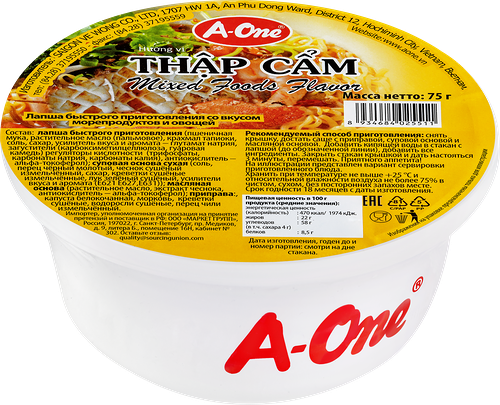 Лапша A-ONE со вкусом морепродуктов и овощей, 75г