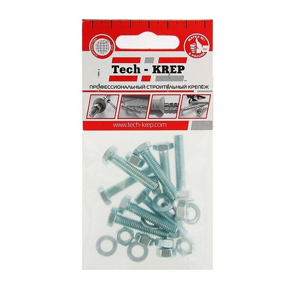 Болт DIN 933 М 6х30 мм, гайка, шайба TECH-KREP, шестигранный, 8шт