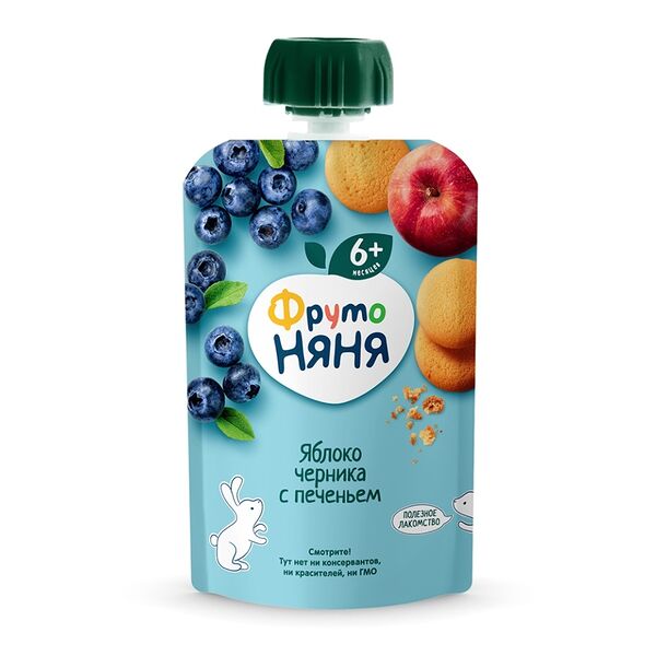 Пюре ФрутоНяня из Яблок и черники с печеньем 90г