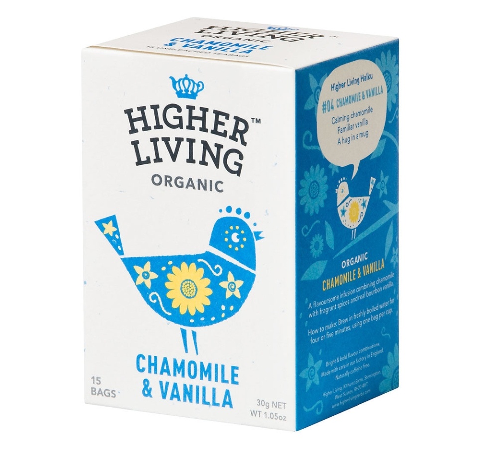 

Чай травяной пакетированный Higher Living Chamomile & Vanilla со вкусом ромашки и ванили Eswaran Brothers 15 пакетиков, Шри-Ланка