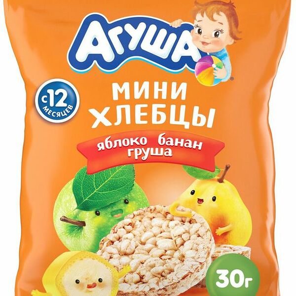 Хлебцы Агуша Полезный перекус мультизлаковые, яблоко, банан и груша, с 12 месяцев