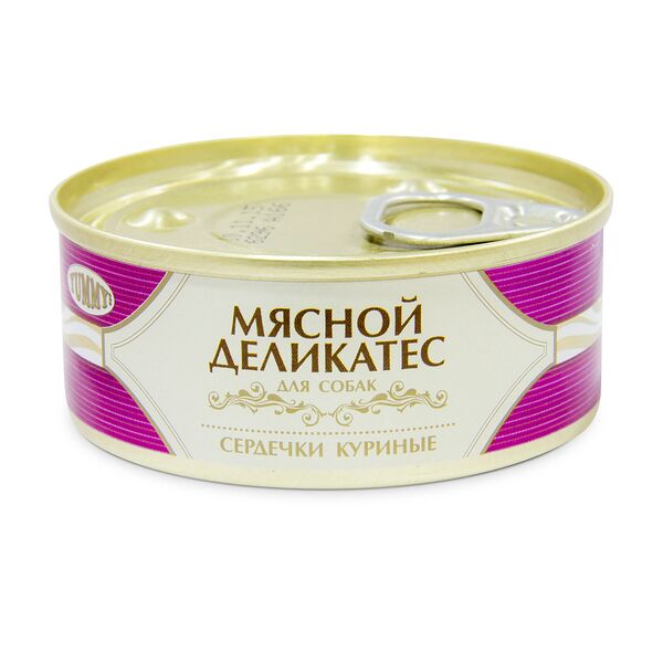 Мясной Деликатес консервы для собак, с натуральными куриными сердечками в желе