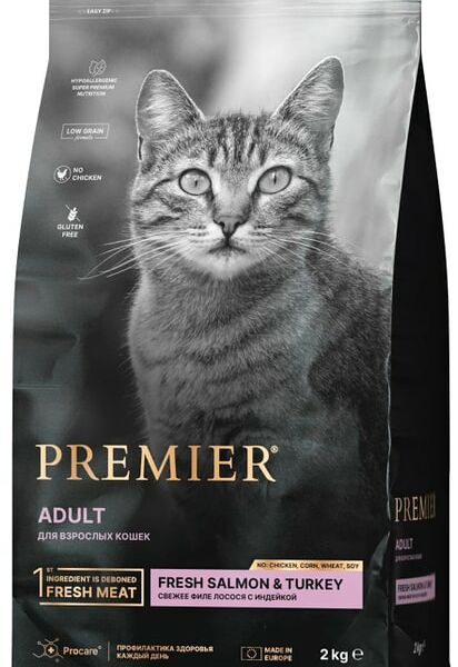 Сухой корм для кошек Premier Cat Salmon&Turkey Adult Свежее филе лосося с индейкой 2кг