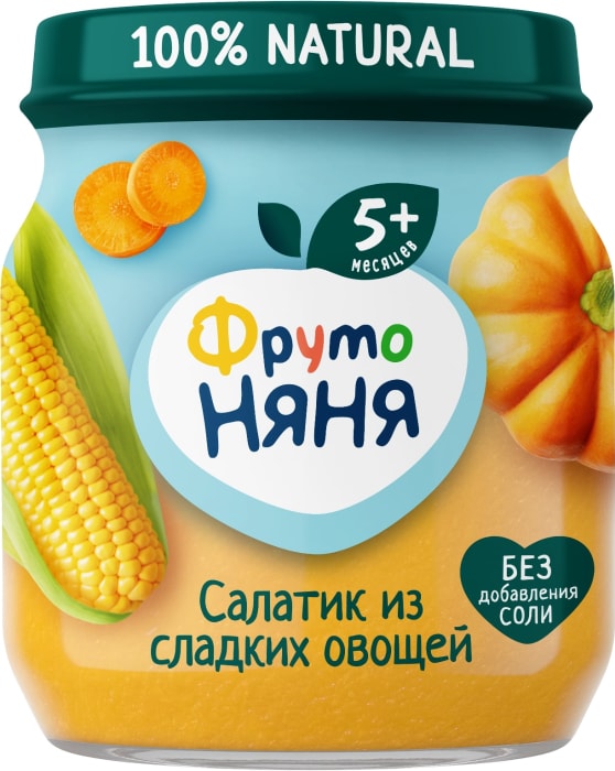 

Пюре овощное ФрутоНяня Салатик из сладких овощей, кукуруза, тыква и морковь, с 5 месяцев