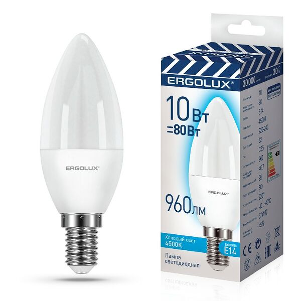 Лампа светодиодная ERGOLUX, E14, свеча C35, 10Вт, 4500К, 220-240В