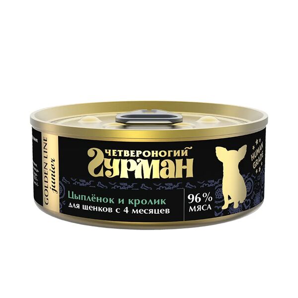 Консервы для щенков Четвероногий Гурман Голден Цыпленок и кролик в желе 