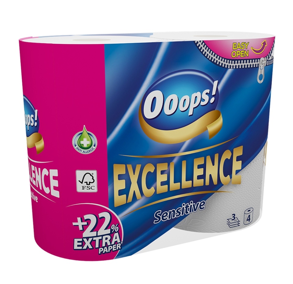 

Туалетная бумага Ooops! Excellence Sensitive 4 рулона, 3 слоя, Венгрия