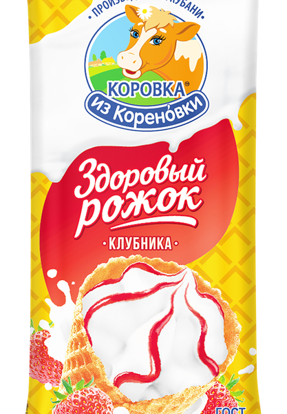 Мороженое пломбир Коровка из Кореновки с клубничным джемом в вафельном рожке 15%, 120г