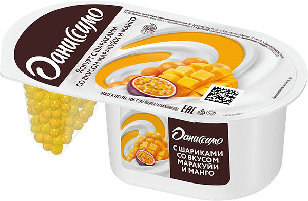 Йогурт Даниссимо Фантазия со вкусом маракуйя и манго с хрустящими шариками, 6.9%
