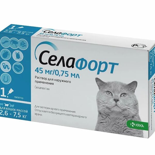 Капли для кошек Селафорт защита от блох, клещей и гельминтов 2.6-7.5 кг 45 мг/0.75 мл