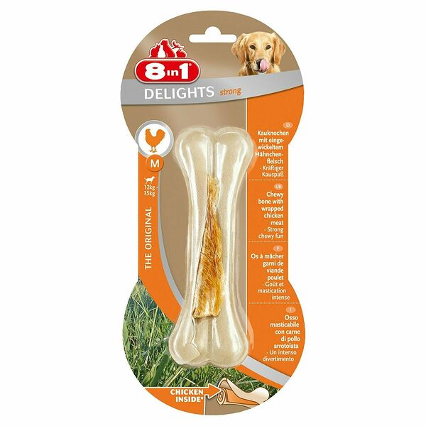 Лакомство собак 8in1 Delight Strong Кость из прессованной говяжьей кожи с куриным мясом, размер М, 14,5 см