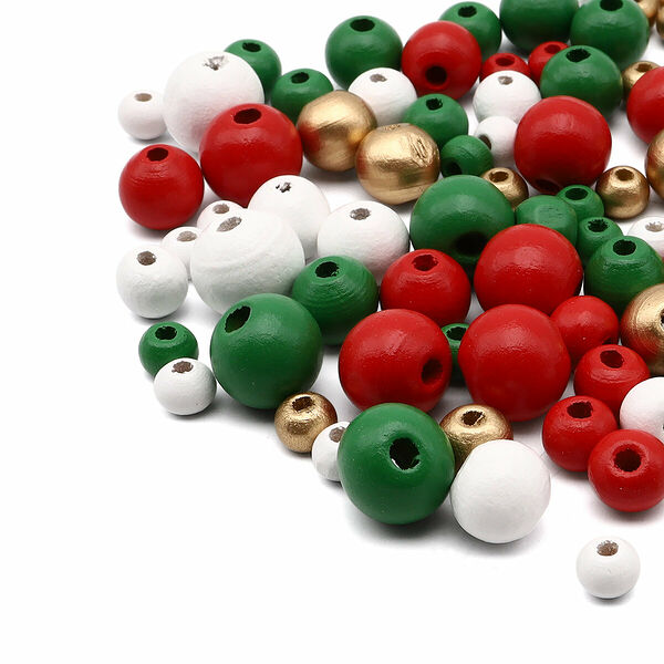 215 Набор деревянных бусин со шнуром, праздничный микс, 6,8,10,12мм, 90шт/упак, Astra&Craft