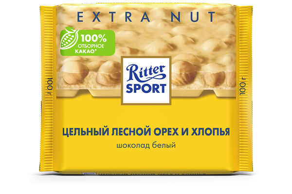 Шоколад Ritter Sport Extra Nut белый с цельным лесным орехом и хлопьями