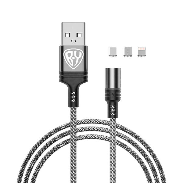Кабель для зарядки магнитный BY, 3 в 1, ip/micro usb/type-c, 1м, 2.1а, серый