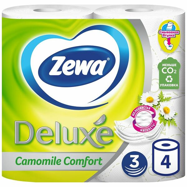 Туалетная бумага Zewa Deluxe Camomile Comfort, 3 слоя, 4 рулона