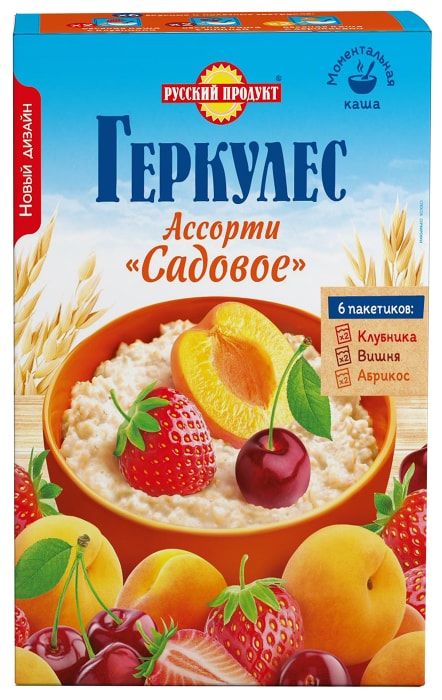 

Каша овсяная Русский продукт Геркулес ассорти клубника-абрикос-вишня 6х35 г