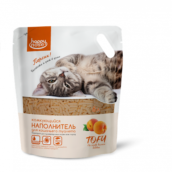 Комкующийся наполнитель для кошачьего туалета Happy Nose Tofu с ароматом персика, 6 л