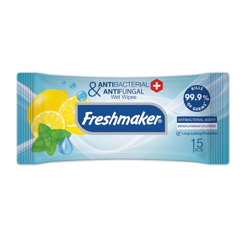 

Салфетки влажные антибактериальные, Freshmaker, 15 шт., аромат в ассортименте